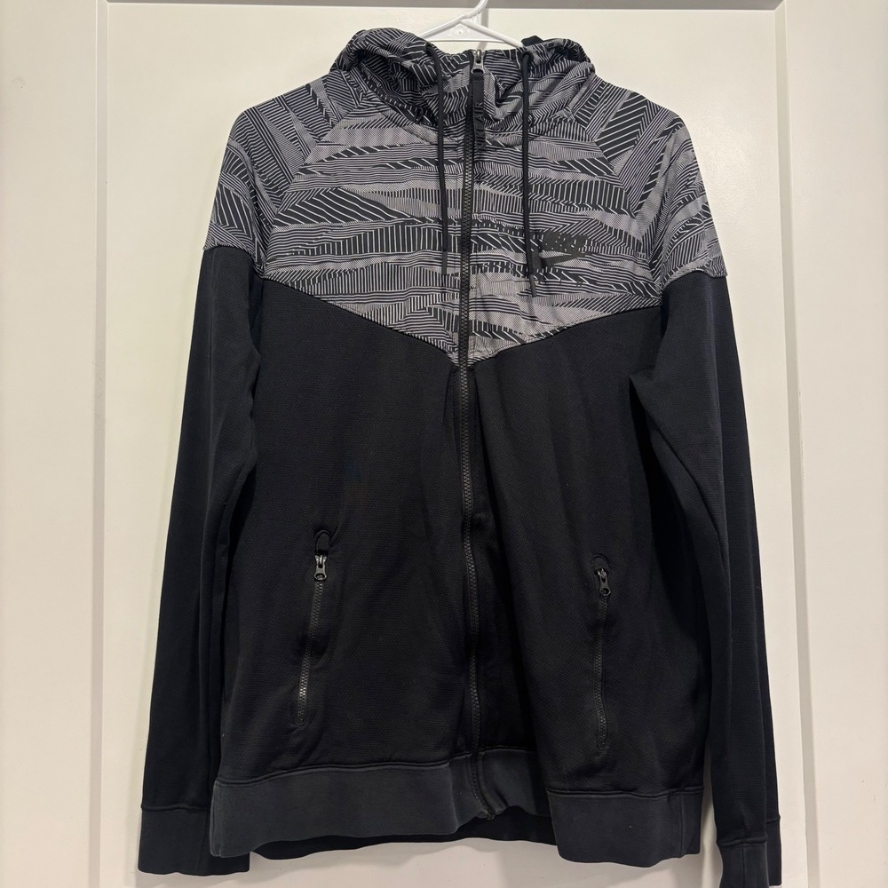 Nike Air Mens Full Zip Hoodie Black Gray Geometric Chevron Windrunner Large